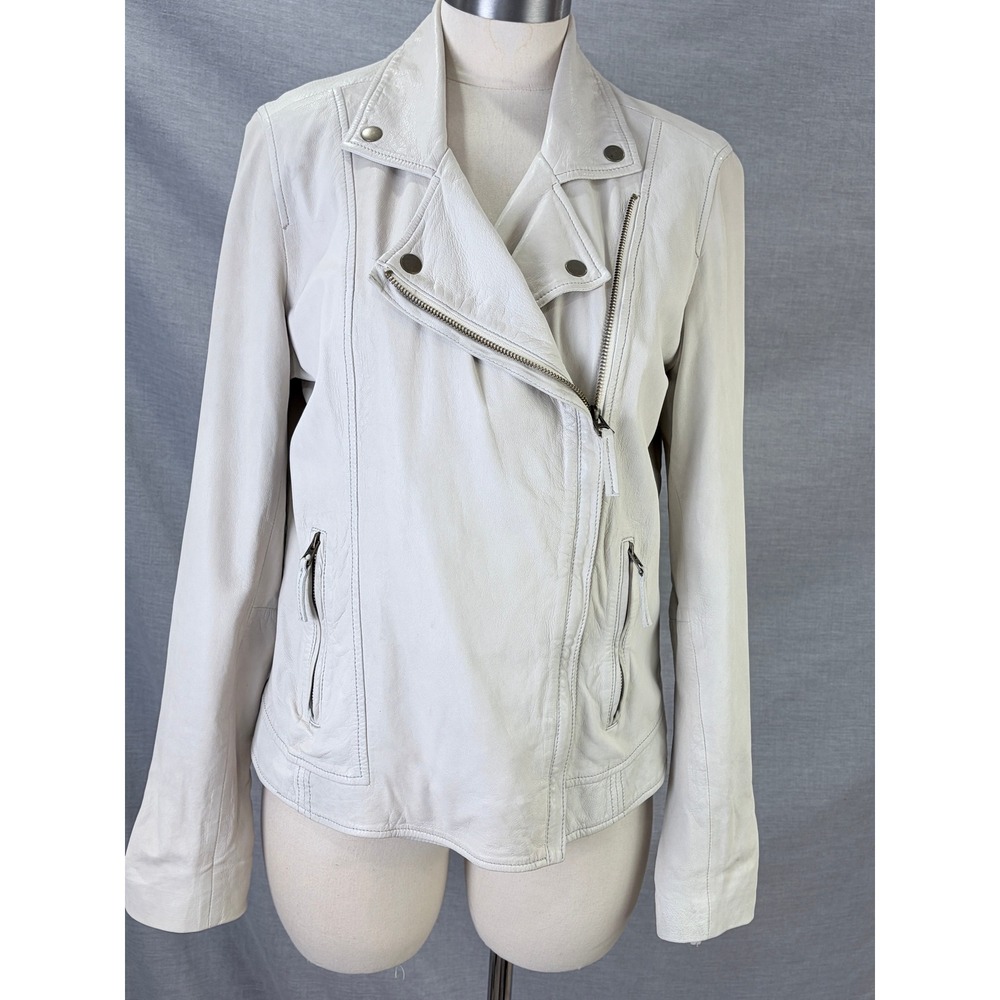Lucky Brand Womens Cream Lamb Leather Moto Biker Jacket Off White Size M